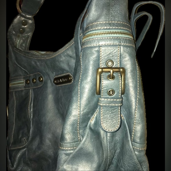ISABELLA FIORE Vtg Large Blue Metallic Shimmer Stud Leather Hobo Handbag Satchel - Picture 4 of 16